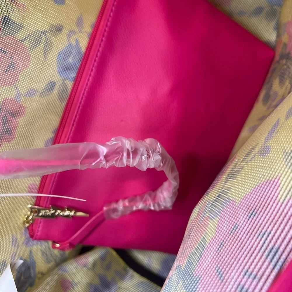 Betsey Johnson Yellow Floral Tote with Hot Pink Handles